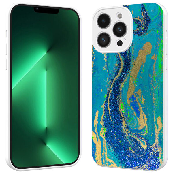 iPhone 13 Pro Max telefoonhoesje met goud blauw marmer opdruk wit (3)