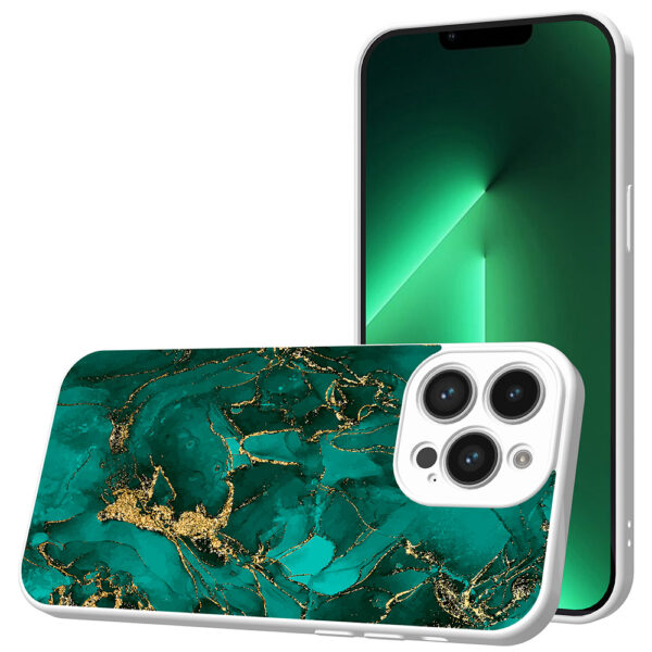 iPhone 13 Pro Max telefoonhoesje met goud groen marmer opdruk wit (1)