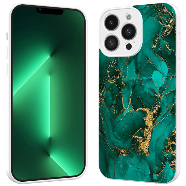 iPhone 13 Pro Max telefoonhoesje met goud groen marmer opdruk wit (3)