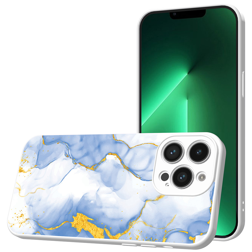 iPhone 13 Pro Max telefoonhoesje met lichtblauw goud marmer opdruk wit (1)