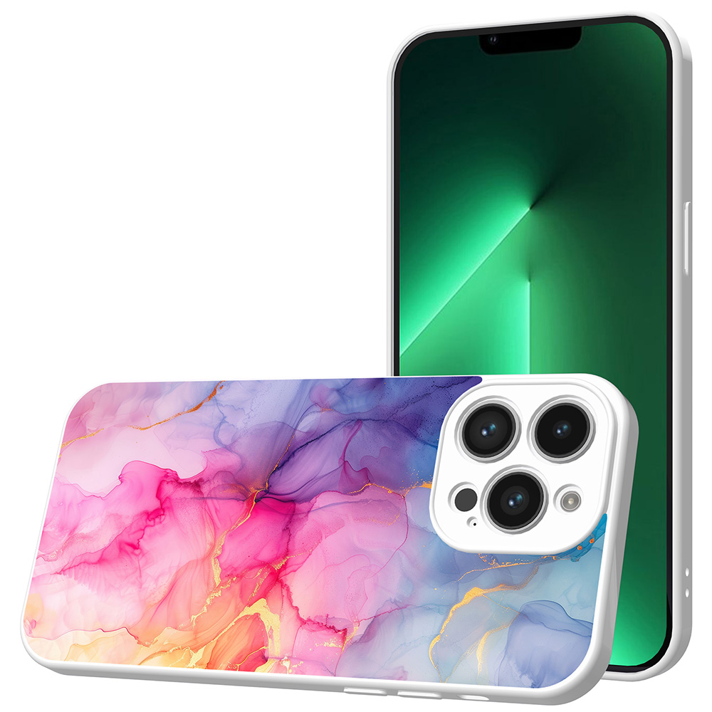 iPhone 13 Pro Max telefoonhoesje met regenboog marmer opdruk wit (1)