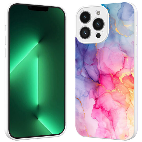 iPhone 13 Pro Max telefoonhoesje met regenboog marmer opdruk wit (3)