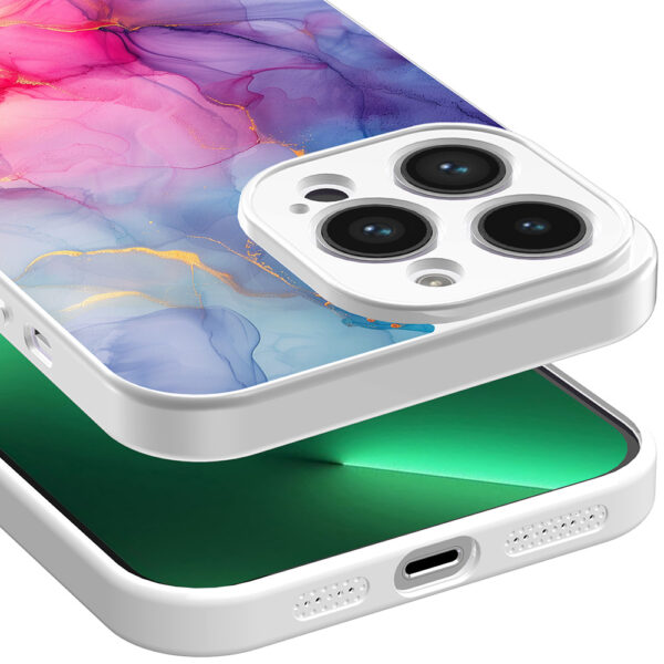 iPhone 13 Pro Max telefoonhoesje met regenboog marmer opdruk wit (5)