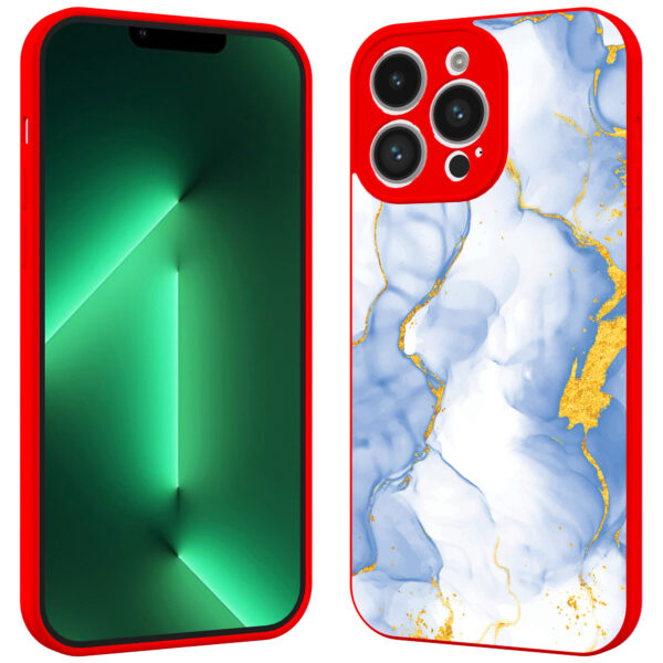 iPhone 13 Pro telefoonhoesje met lichtblauw goud marmer opdruk rood (2)