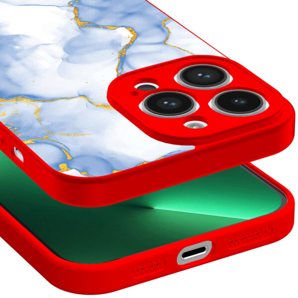 iPhone 13 Pro telefoonhoesje met lichtblauw goud marmer opdruk rood (3)