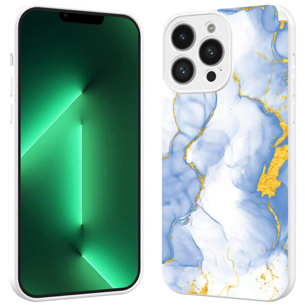 iPhone 13 Pro telefoonhoesje met lichtblauw goud marmer opdruk wit (2)