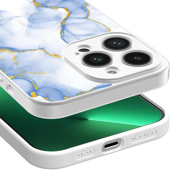iPhone 13 Pro telefoonhoesje met lichtblauw goud marmer opdruk wit (3)