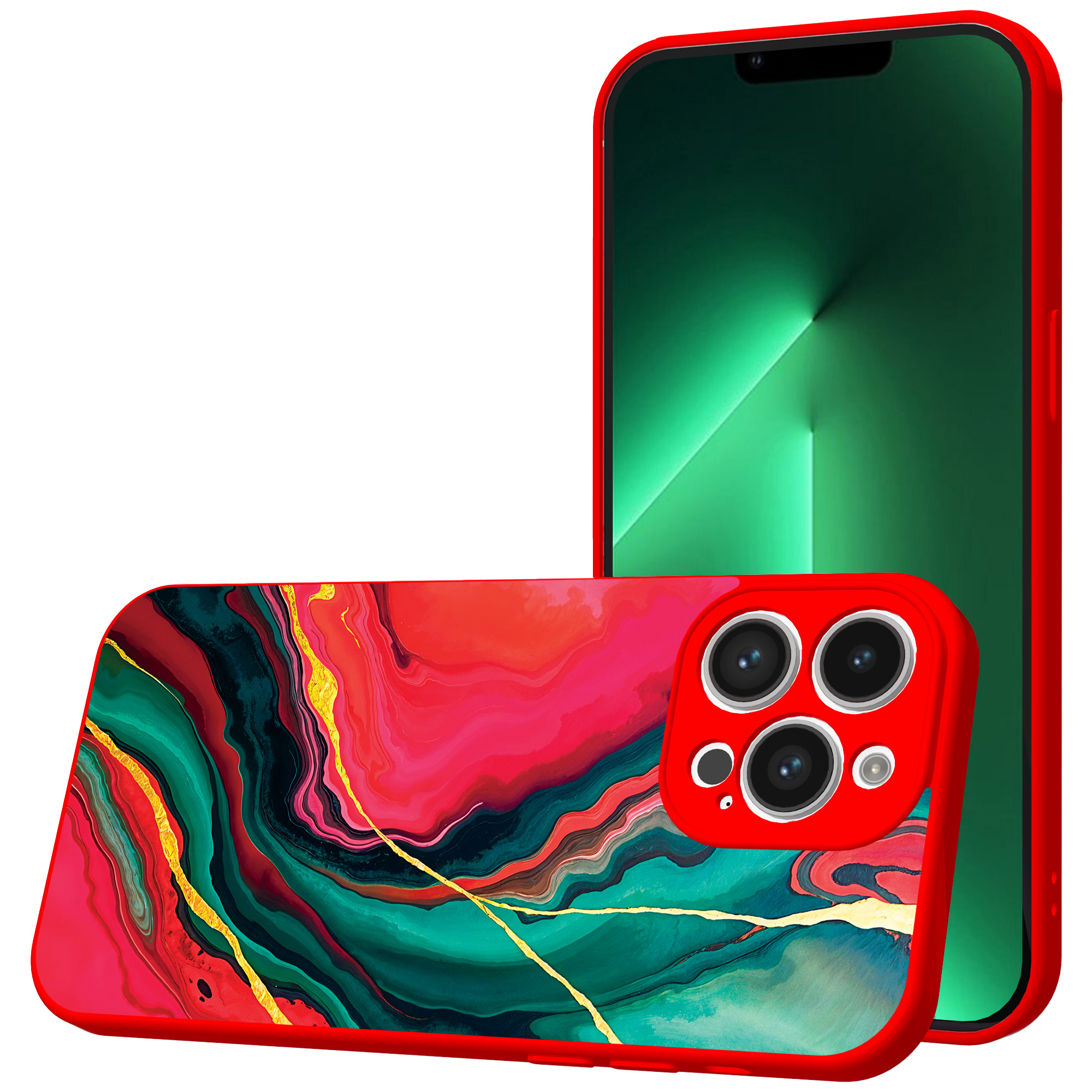 iPhone 13 Pro telefoonhoesje met rood groen marmer opdruk rood (1)