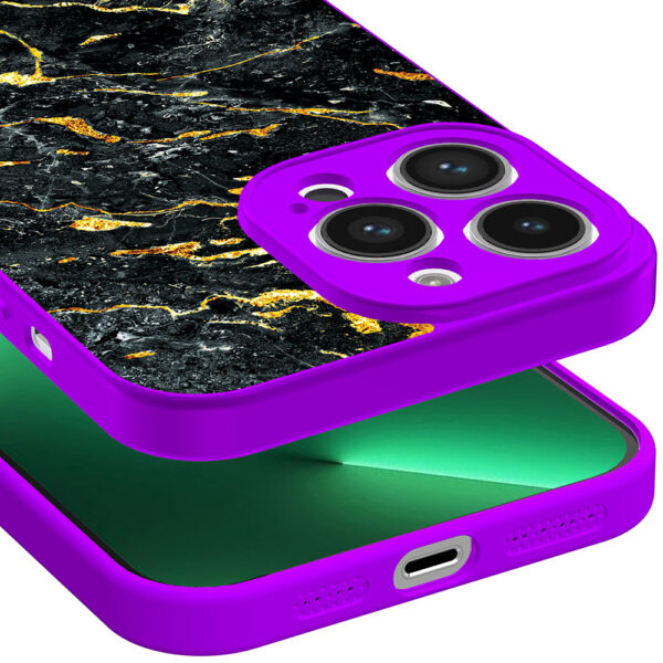iPhone 13 Pro telefoonhoesje met zwart goud marmer opdruk paars (3)