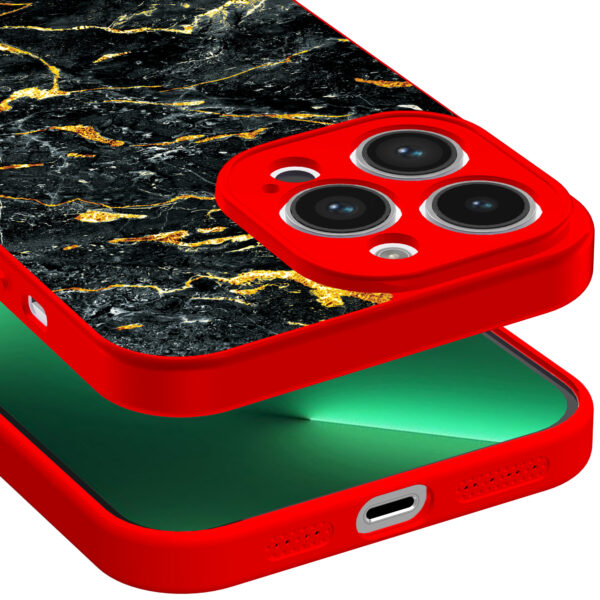 iPhone 13 Pro telefoonhoesje met zwart goud marmer opdruk rood (3)
