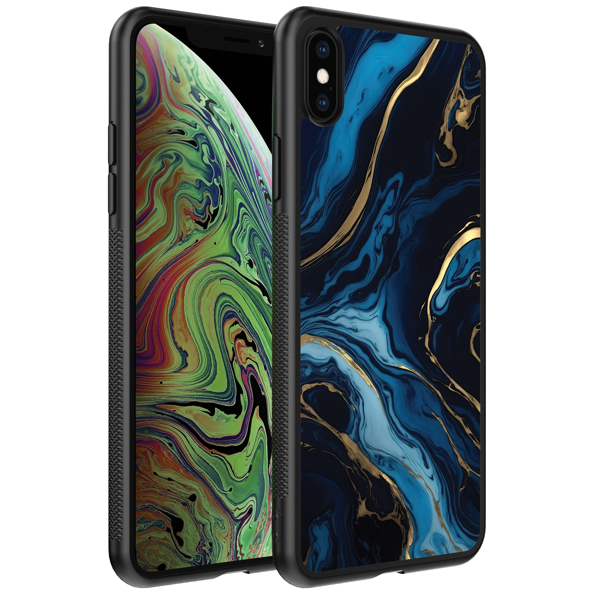 iPhone Xs Max telefoonhoesje met blauw goud marmer opdruk (1)