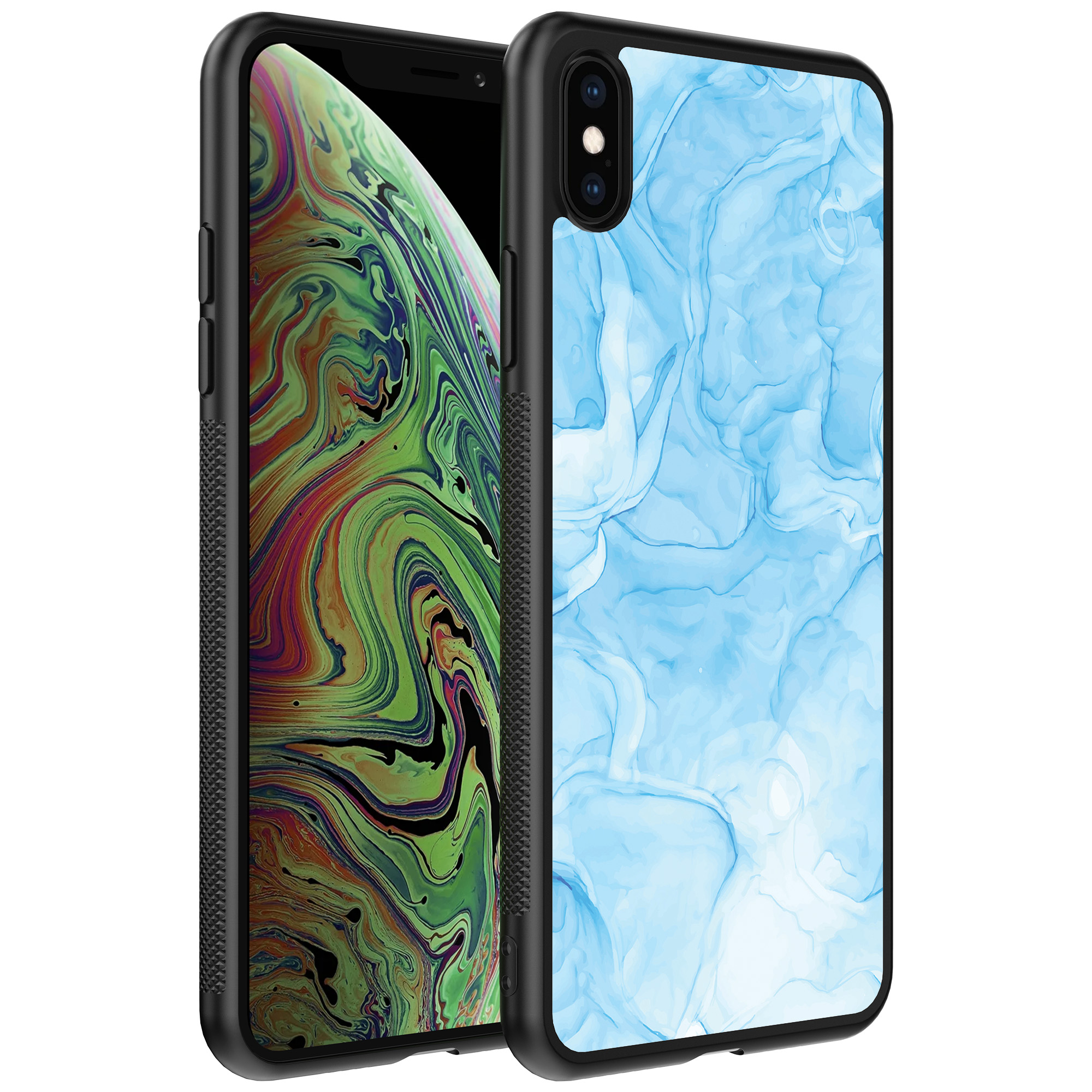 iPhone Xs Max telefoonhoesje met lichtblauw marmer opdruk (1)