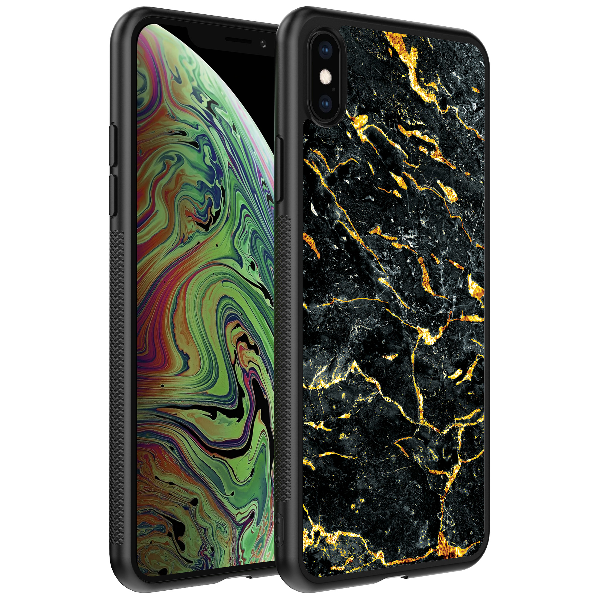 iPhone Xs Max telefoonhoesje met zwart goud marmer opdruk (1)