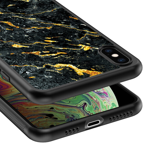 iPhone Xs Max telefoonhoesje met zwart goud marmer opdruk (4)