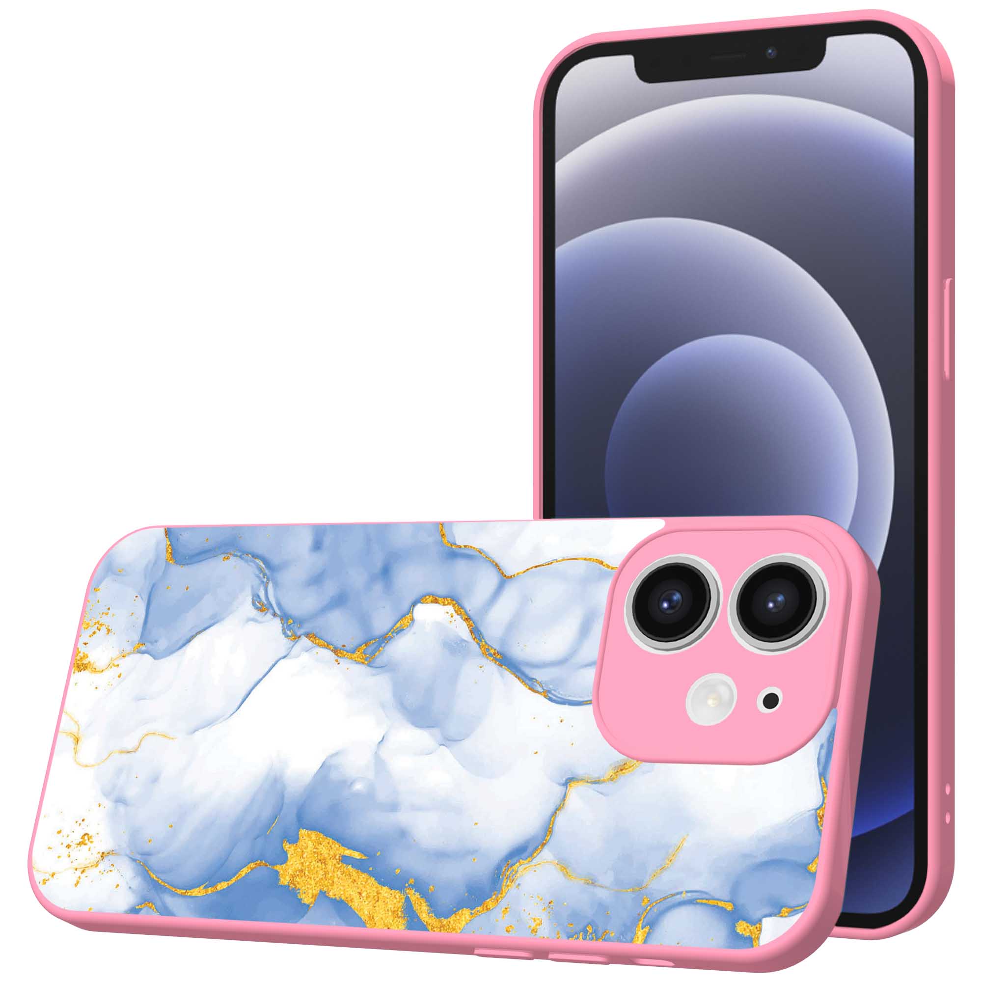 lichtblauw goud marmer opdruk_iPhone 12 Telefoonhoesje met roze rand (1)
