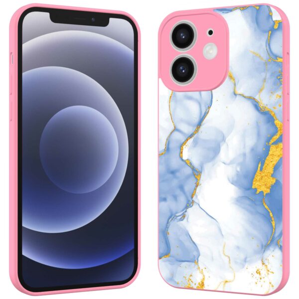 lichtblauw goud marmer opdruk_iPhone 12 Telefoonhoesje met roze rand (2)