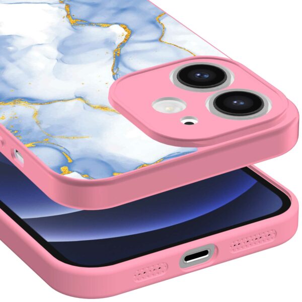 lichtblauw goud marmer opdruk_iPhone 12 Telefoonhoesje met roze rand (3)