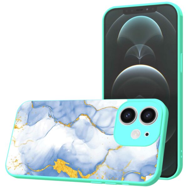 lichtblauw goud marmer opdruk_iPhone 12 Telefoonhoesje met turquoise rand (1)