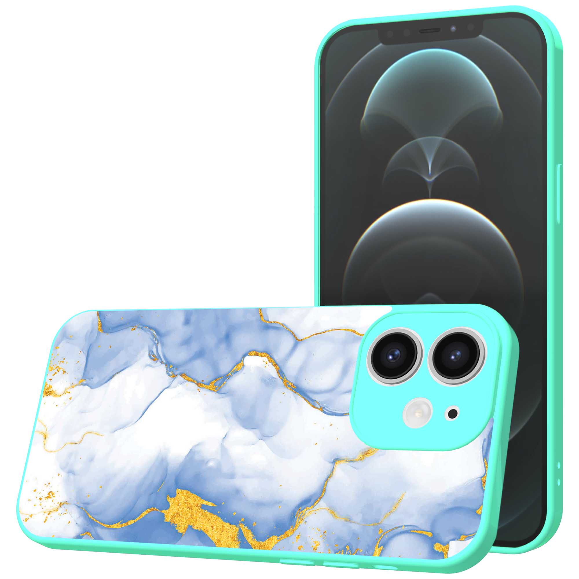 lichtblauw goud marmer opdruk_iPhone 12 Telefoonhoesje met turquoise rand (1)