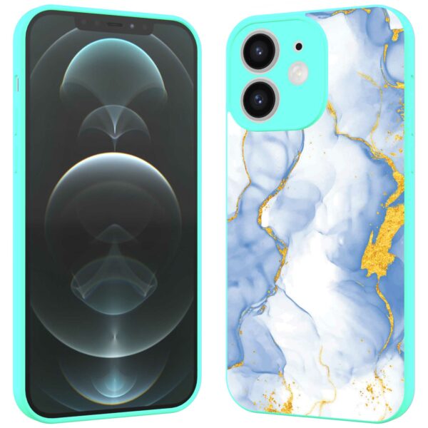 lichtblauw goud marmer opdruk_iPhone 12 Telefoonhoesje met turquoise rand (2)
