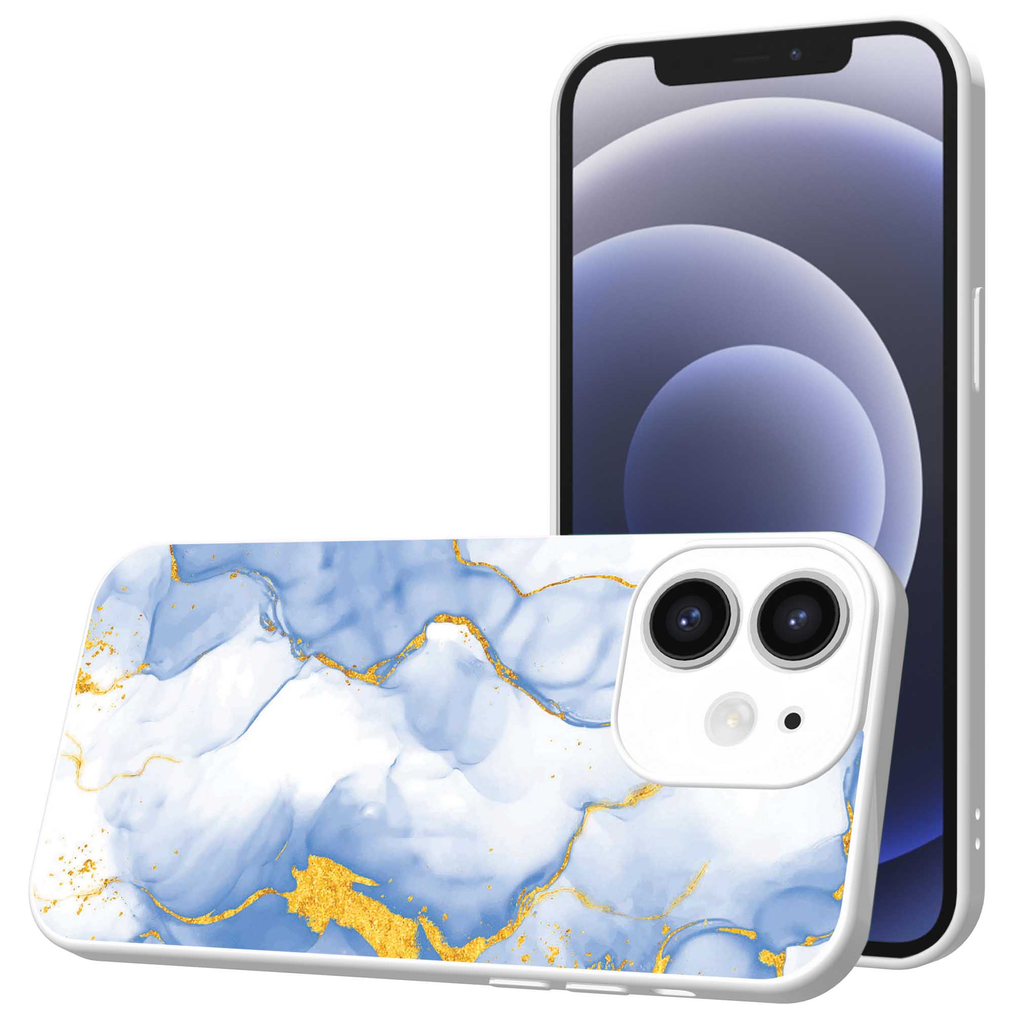 lichtblauw goud marmer opdruk_iPhone 12 Telefoonhoesje met witte rand (1)