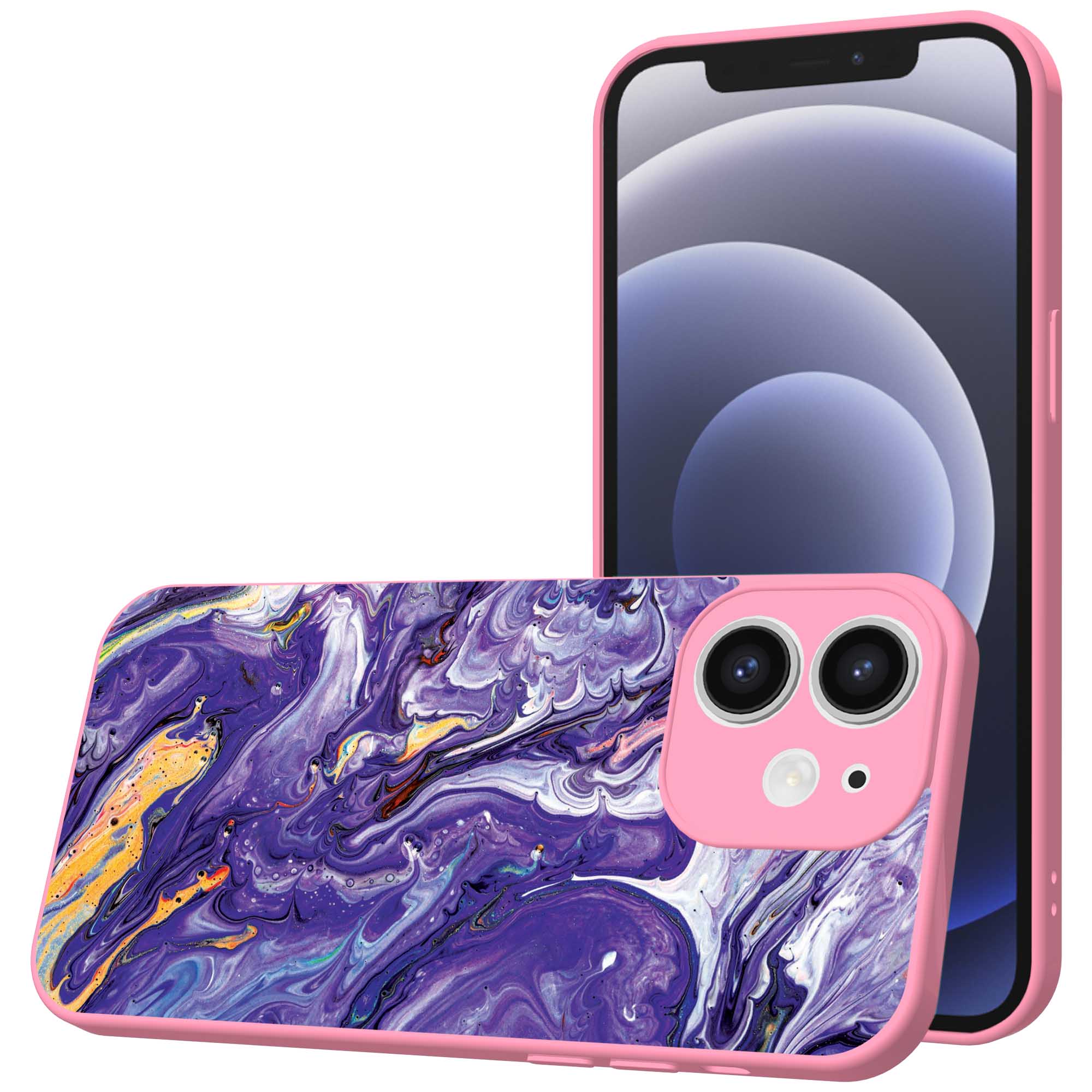 paars goud marmer opdruk_iPhone 12 Telefoonhoesje met roze rand (1)