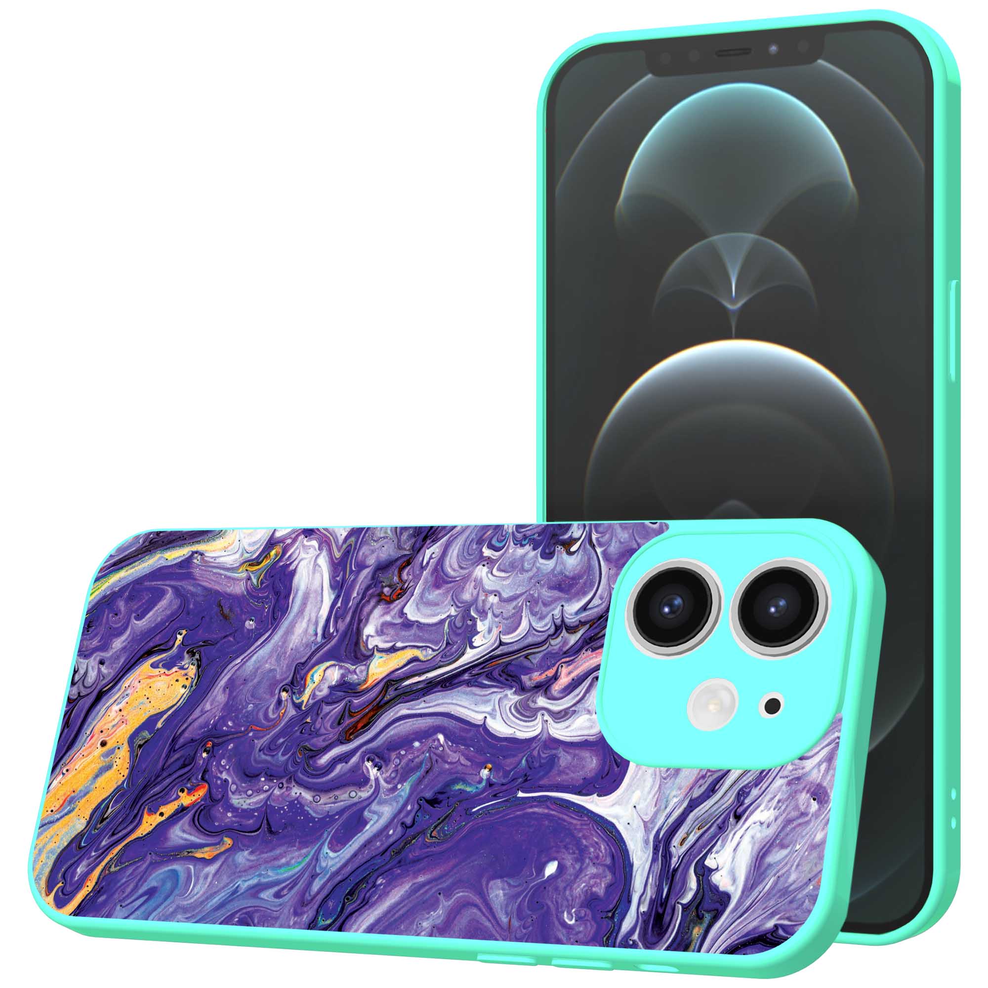 paars goud marmer opdruk_iPhone 12 Telefoonhoesje met turquoise rand (1)