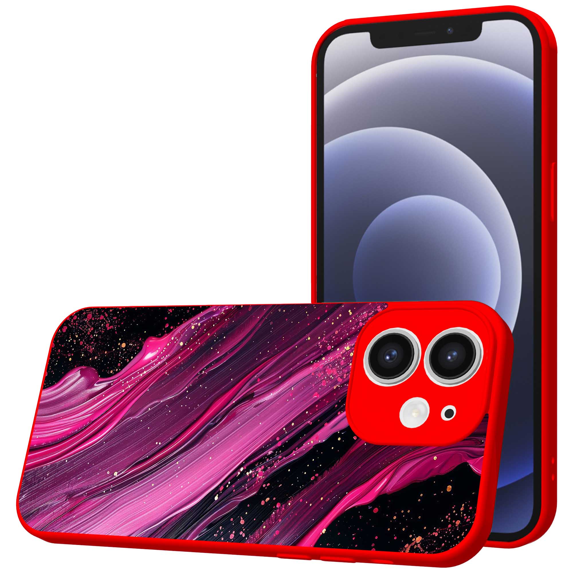 paars roze marmer opdruk_iPhone 12 Telefoonhoesje met rode rand (1)