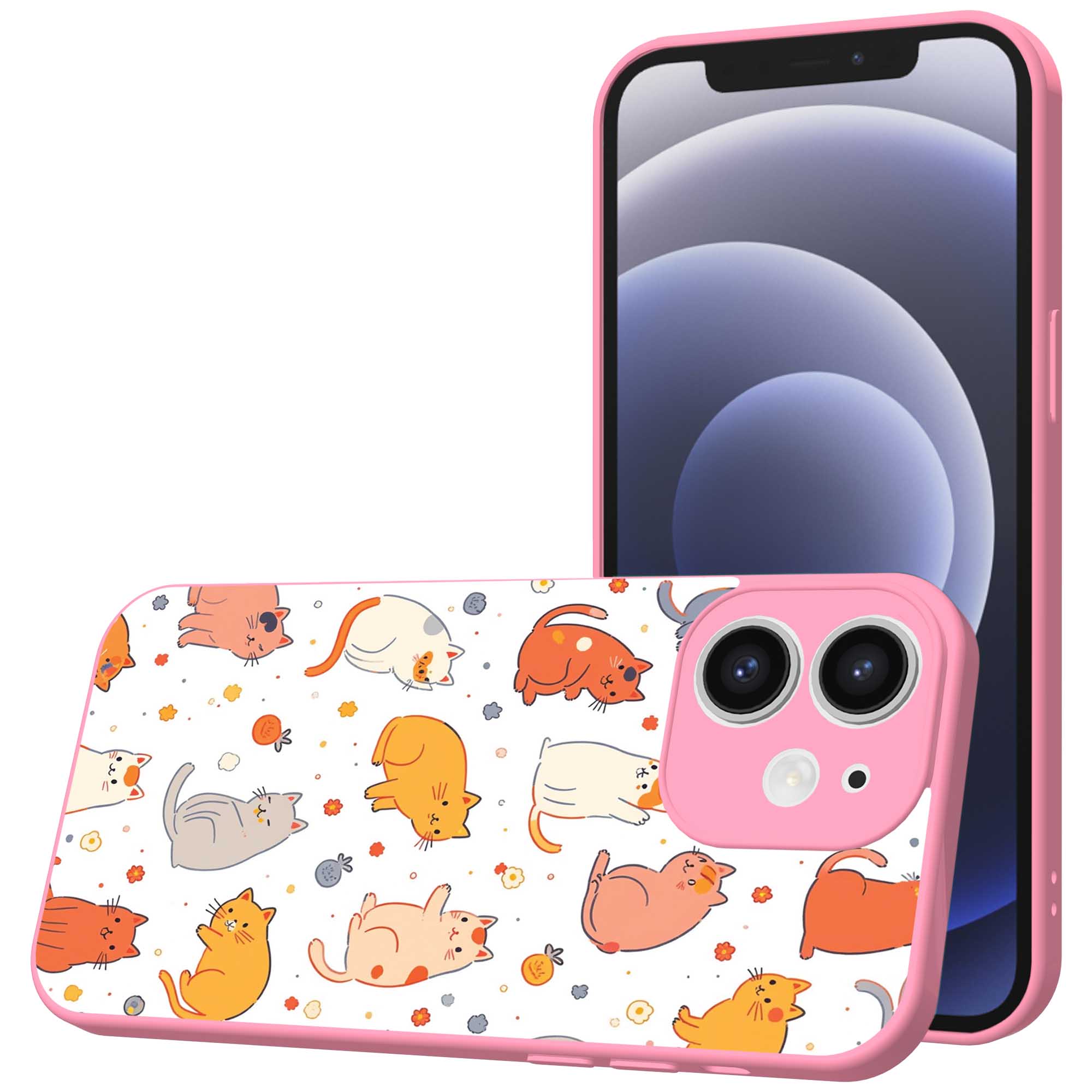 poezen opdruk_iPhone 12 Telefoonhoesje met roze rand (1)