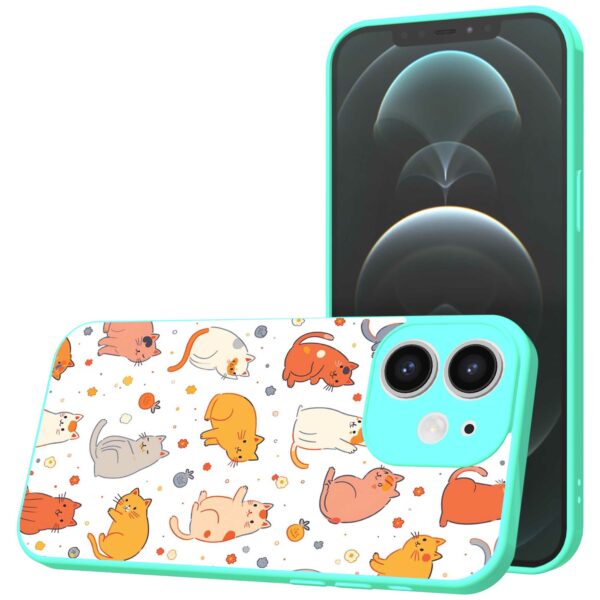poezen opdruk_iPhone 12 Telefoonhoesje met turquoise rand (1)