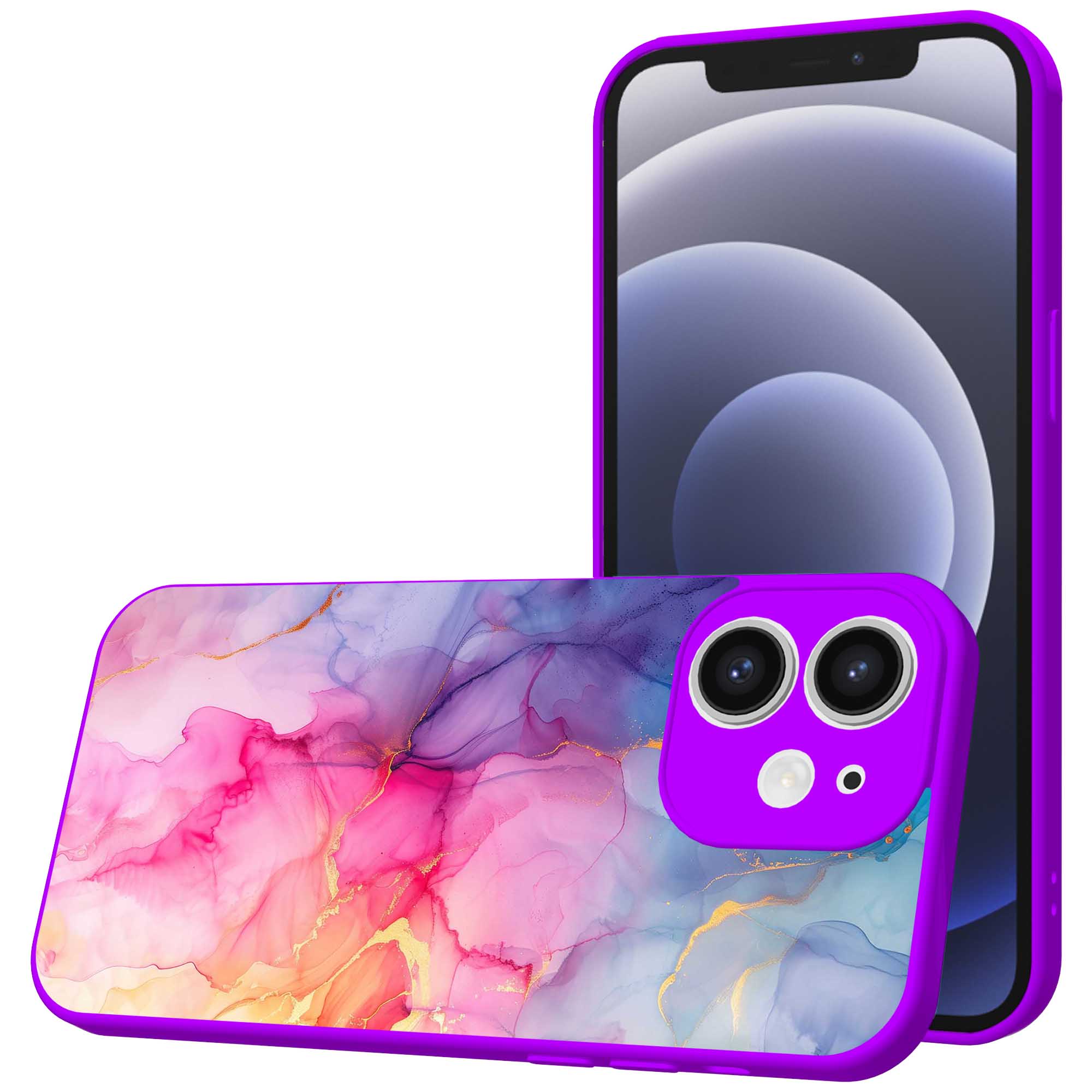 regenboog marmer opdruk_iPhone 12 Telefoonhoesje met paars rand (1)