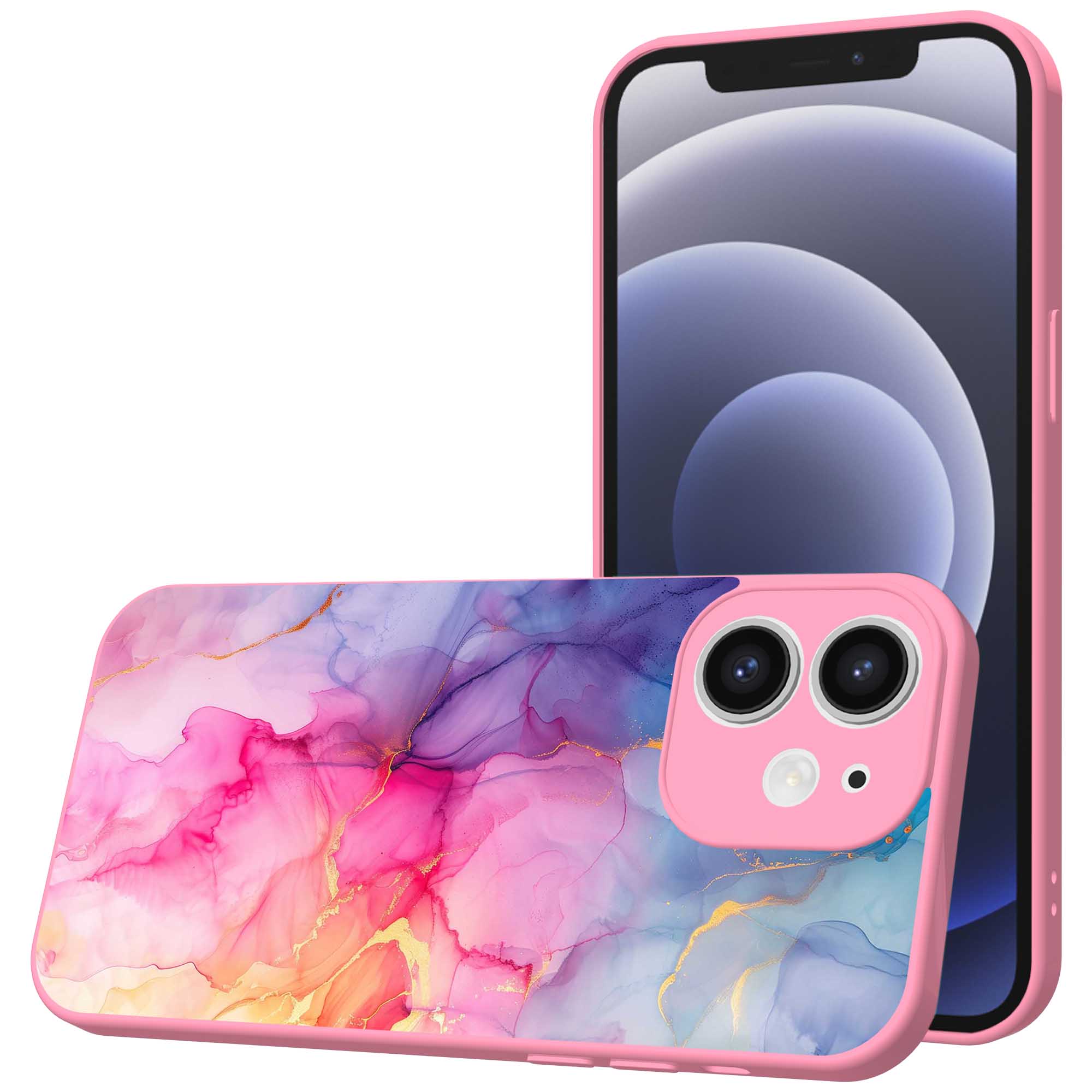 regenboog marmer opdruk_iPhone 12 Telefoonhoesje met roze rand (1)