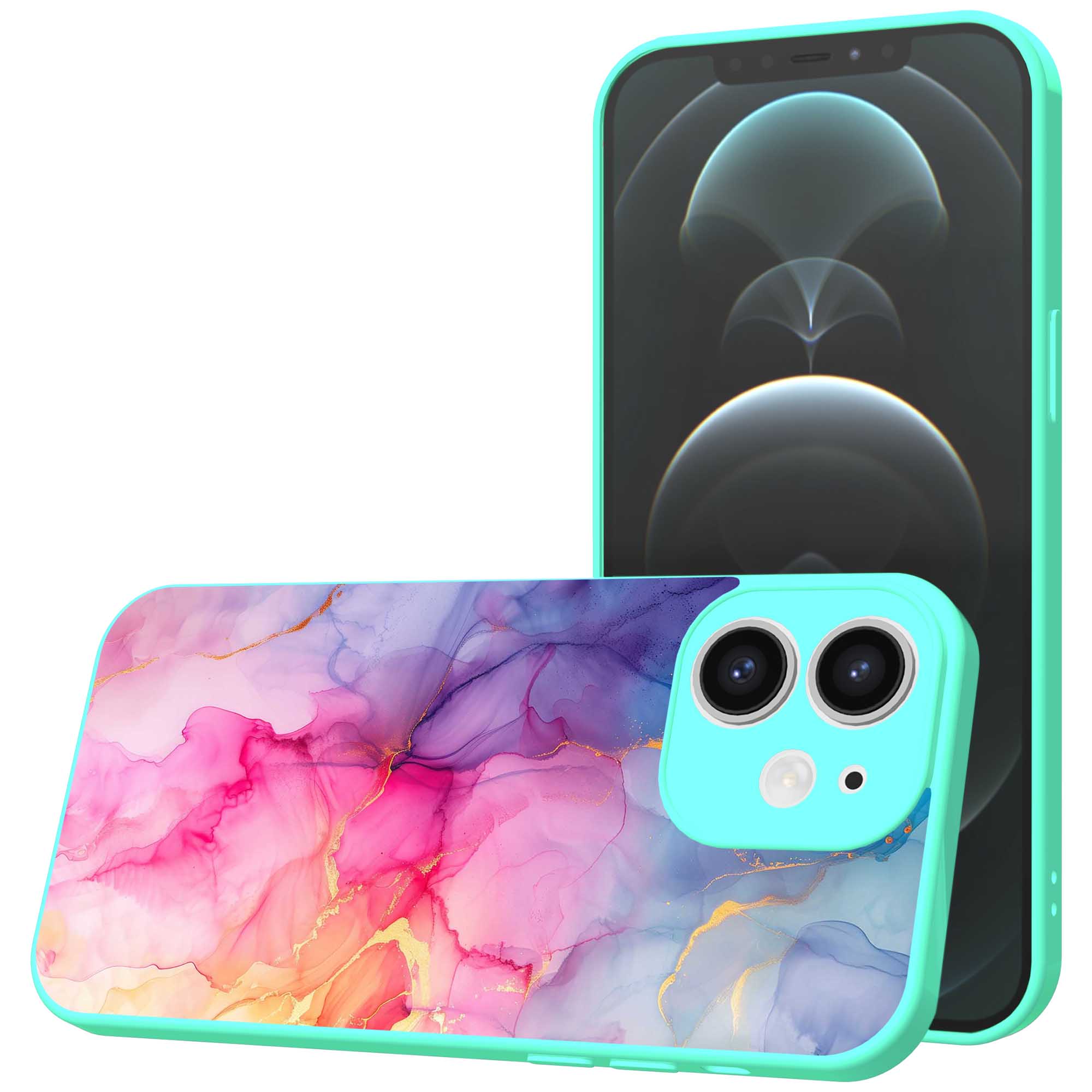 regenboog marmer opdruk_iPhone 12 Telefoonhoesje met turquoise rand (1)