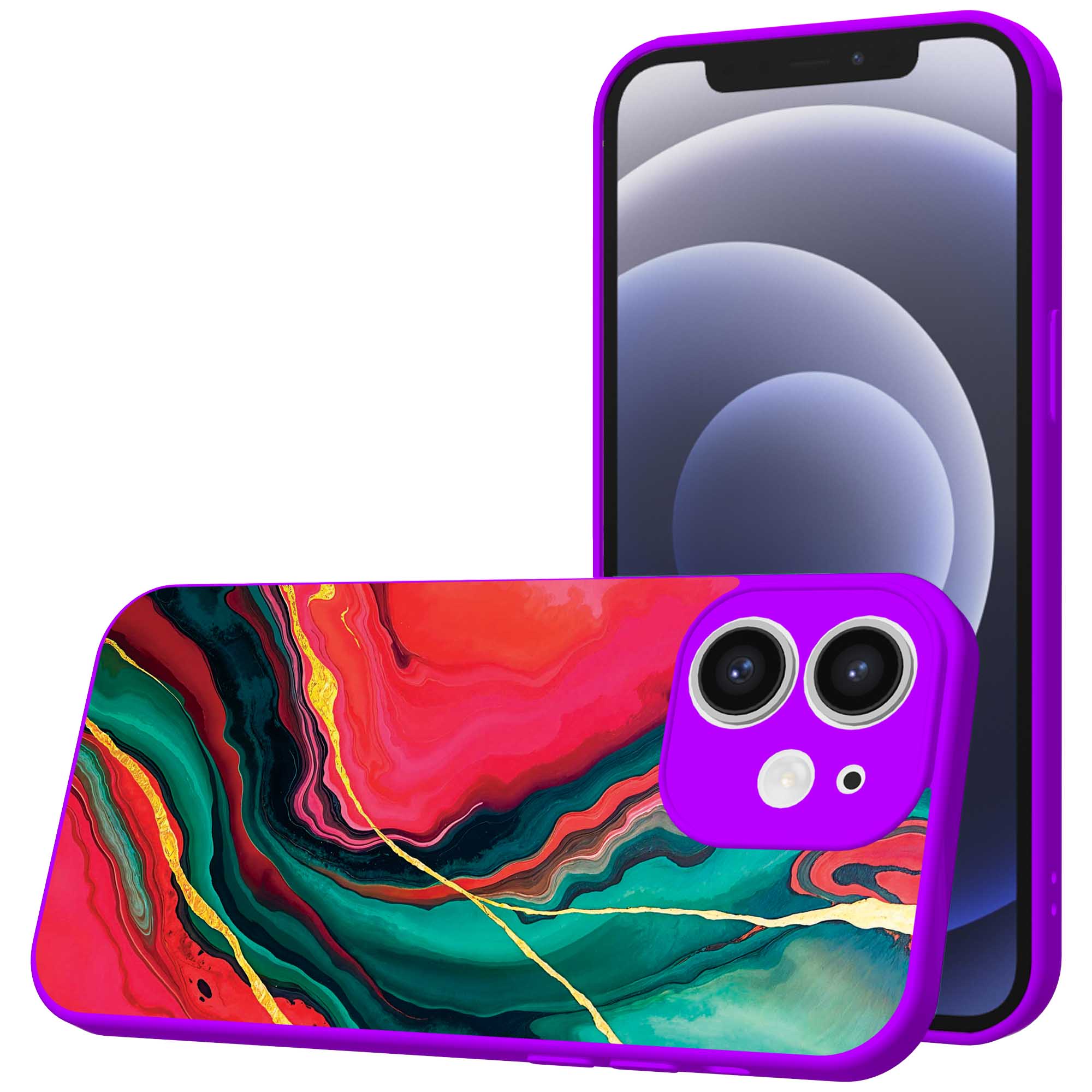 rood groen marmer opdruk_iPhone 12 Telefoonhoesje met paars rand (1)