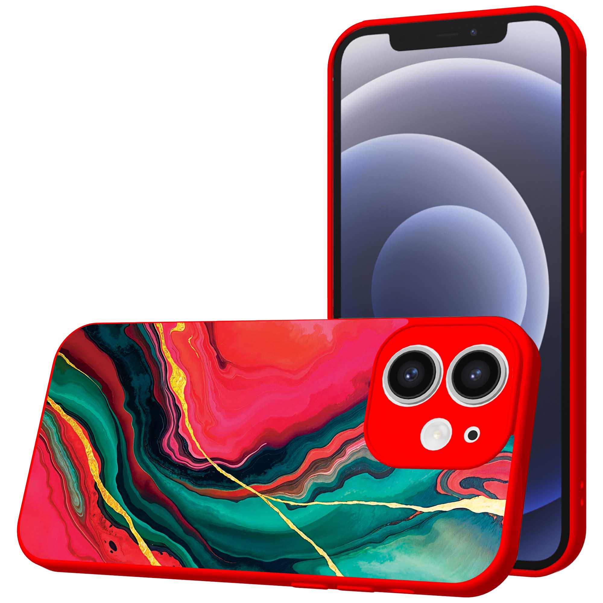 rood groen marmer opdruk_iPhone 12 Telefoonhoesje met rode rand (1)