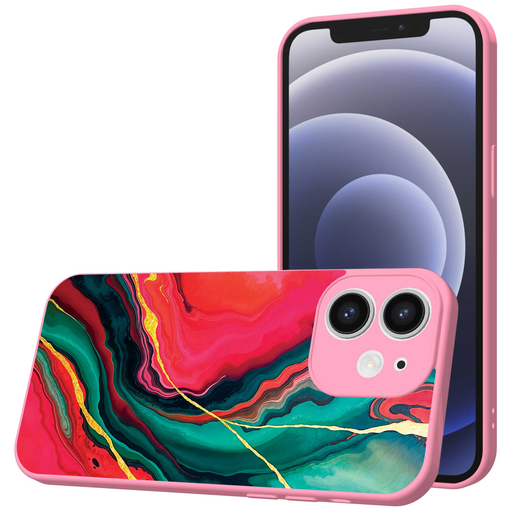 rood groen marmer opdruk_iPhone 12 Telefoonhoesje met roze rand (1)