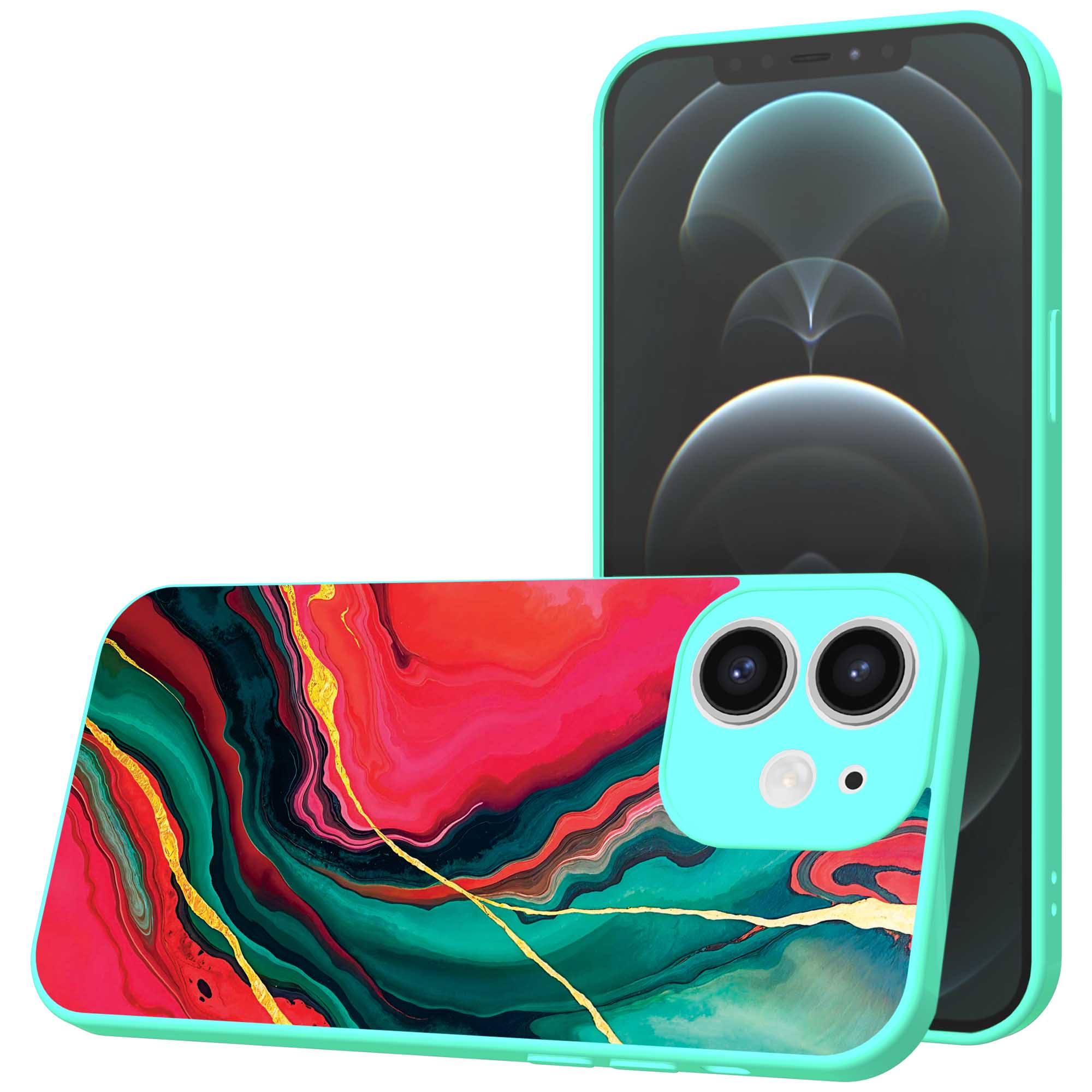 rood groen marmer opdruk_iPhone 12 Telefoonhoesje met turquoise rand (1)