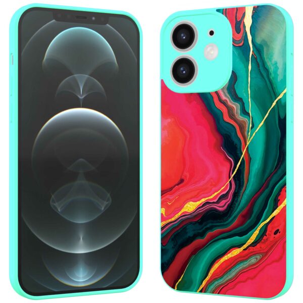 rood groen marmer opdruk_iPhone 12 Telefoonhoesje met turquoise rand (2)