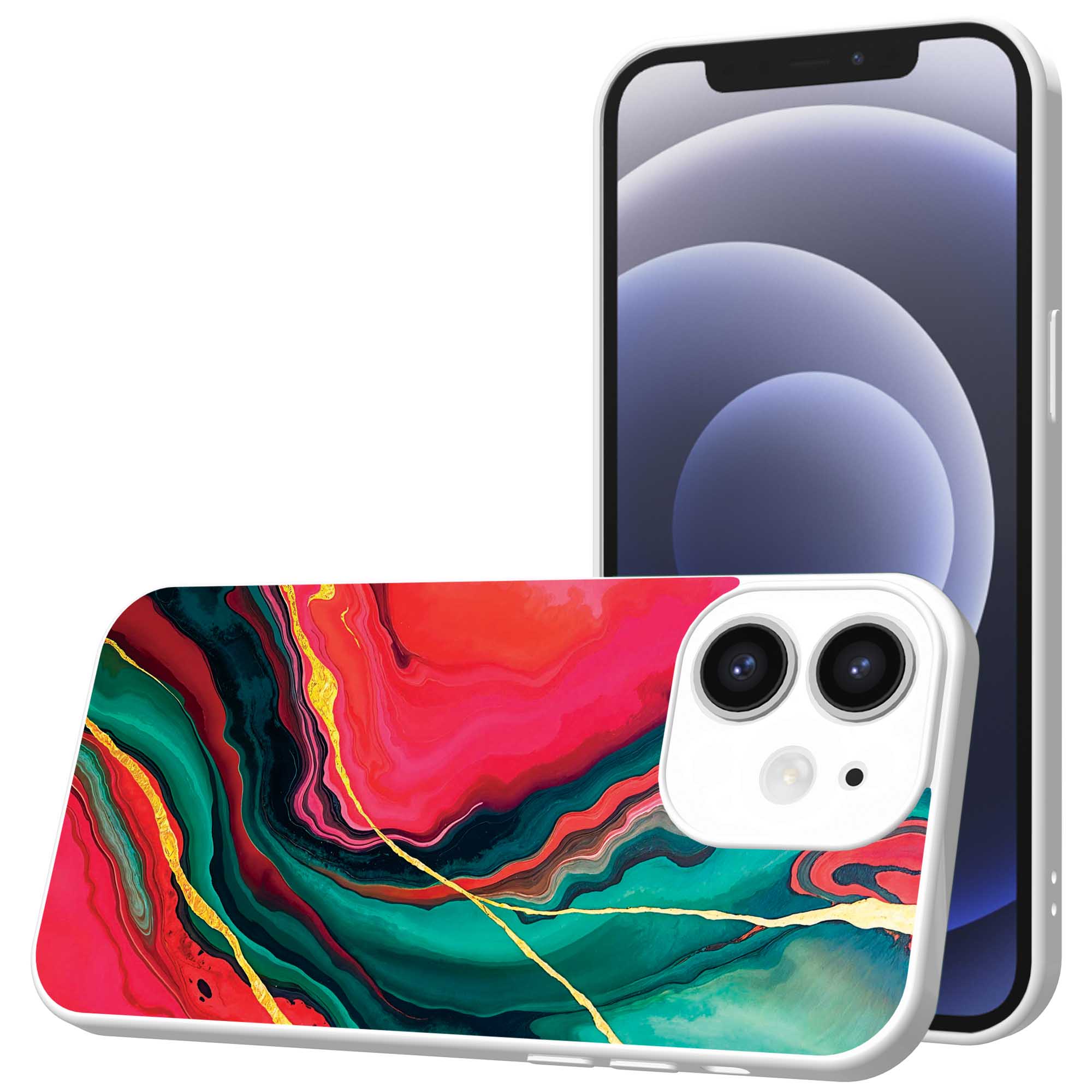 rood groen marmer opdruk_iPhone 12 Telefoonhoesje met witte rand (1)