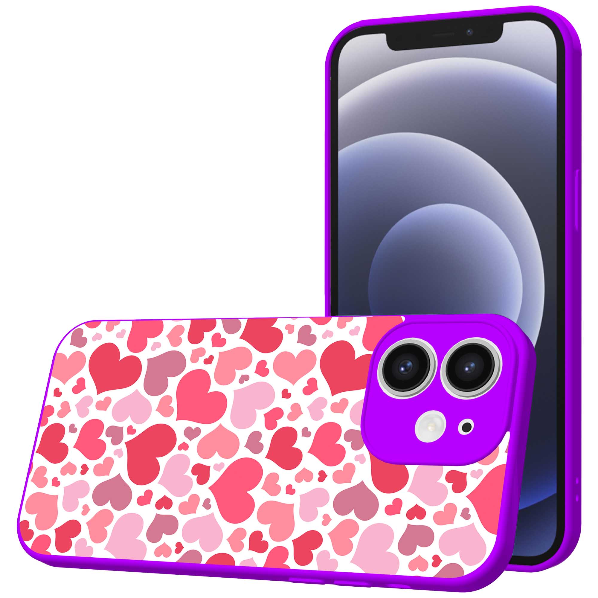 roze en rode hartjes opdruk_iPhone 12 Telefoonhoesje met paars rand (1)