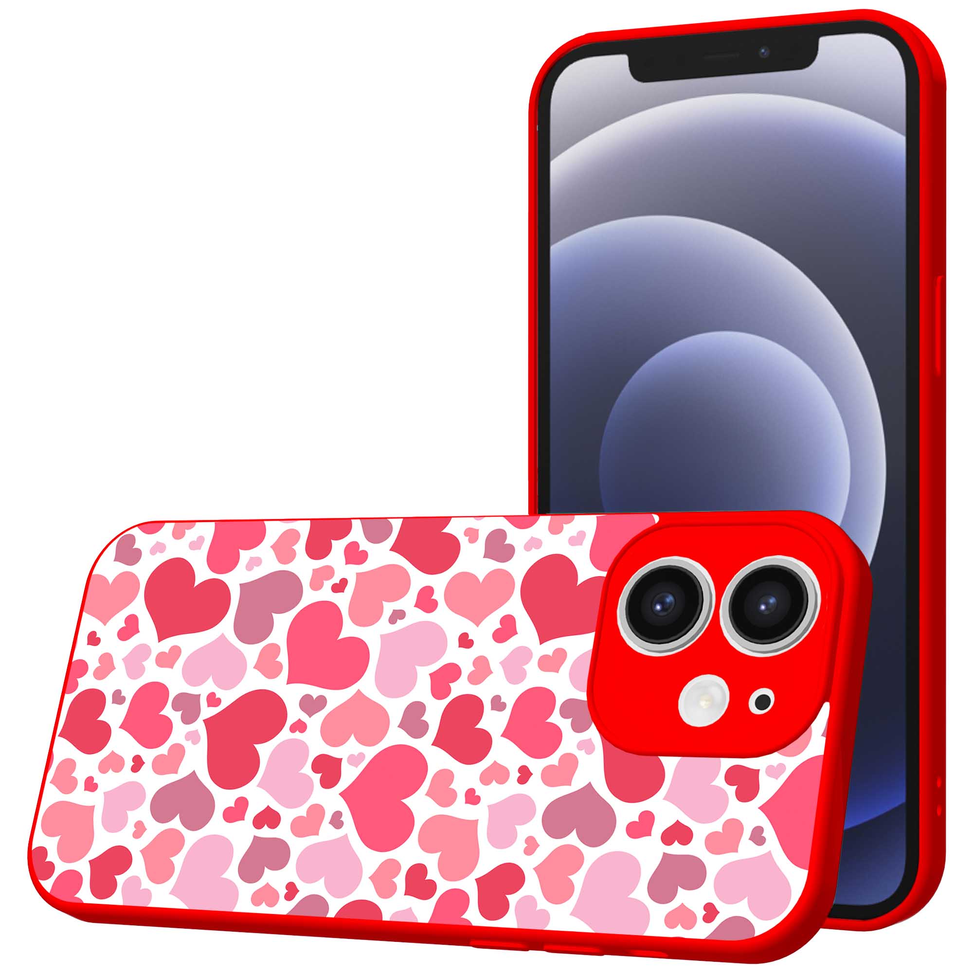 roze en rode hartjes opdruk_iPhone 12 Telefoonhoesje met rode rand (1)