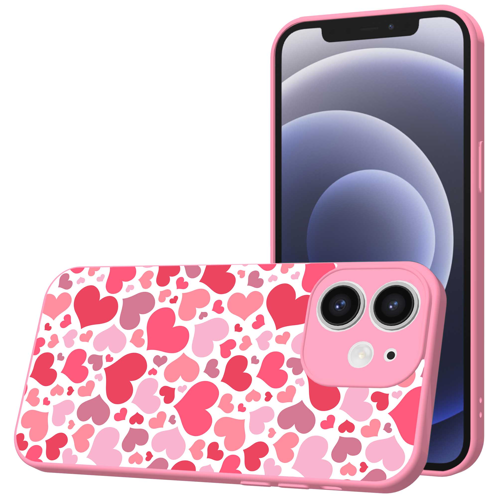 roze en rode hartjes opdruk_iPhone 12 Telefoonhoesje met roze rand (1)