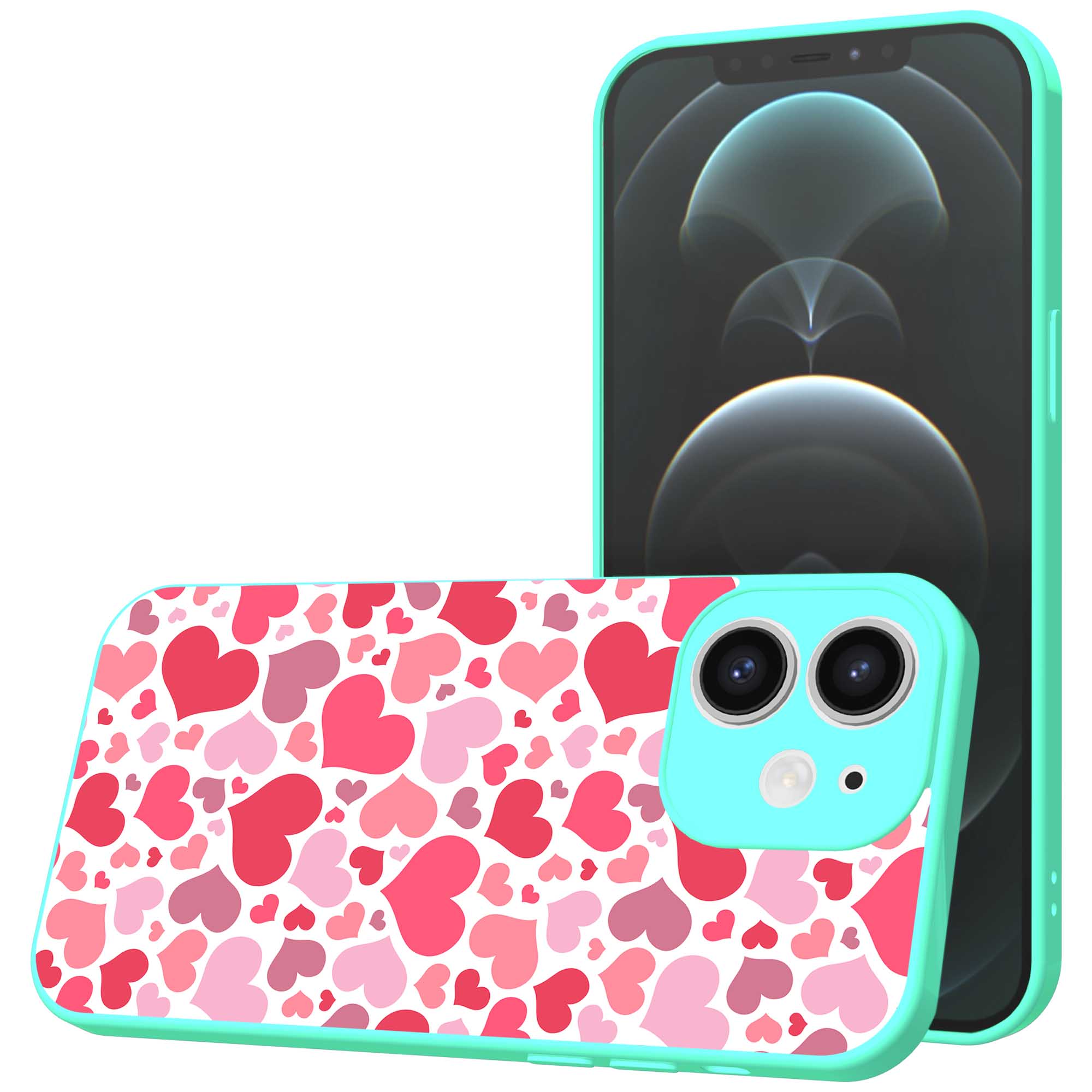 roze en rode hartjes opdruk_iPhone 12 Telefoonhoesje met turquoise rand (1)