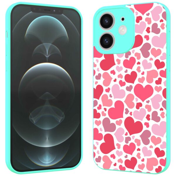 roze en rode hartjes opdruk_iPhone 12 Telefoonhoesje met turquoise rand (2)