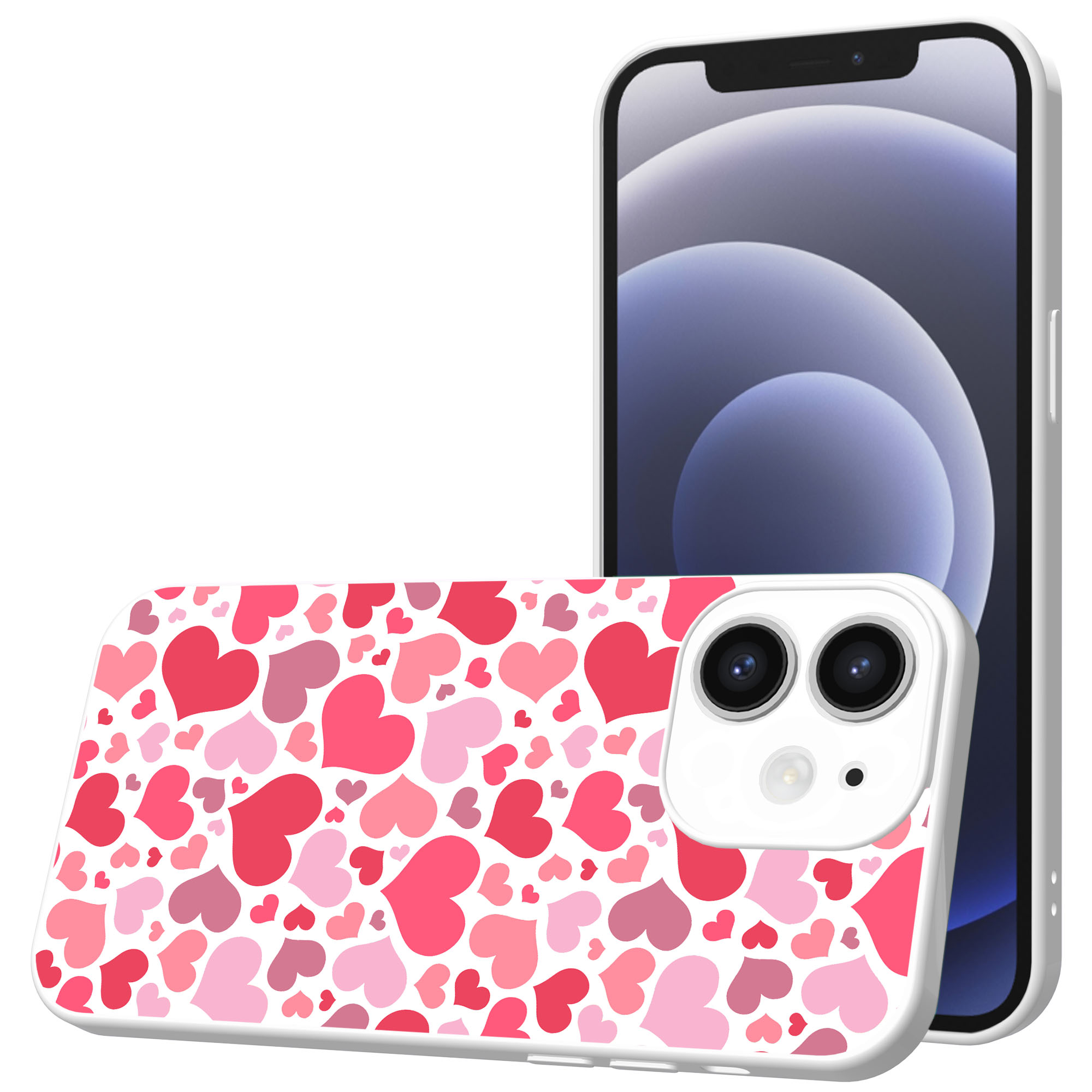 roze en rode hartjes opdruk_iPhone 12 Telefoonhoesje met witte rand (1)