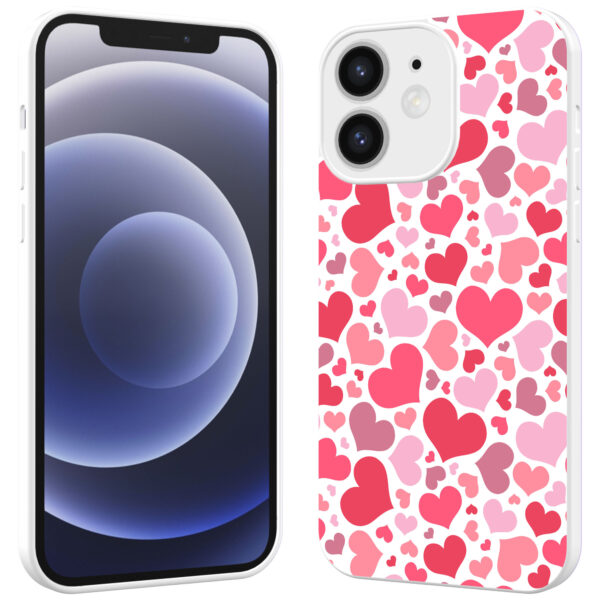 roze en rode hartjes opdruk_iPhone 12 Telefoonhoesje met witte rand (2)