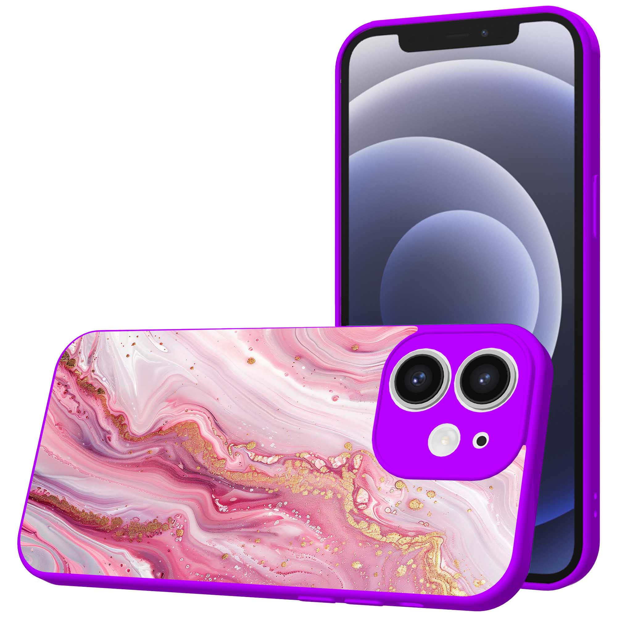 roze marmer opdruk_iPhone 12 Telefoonhoesje met paars rand (1)