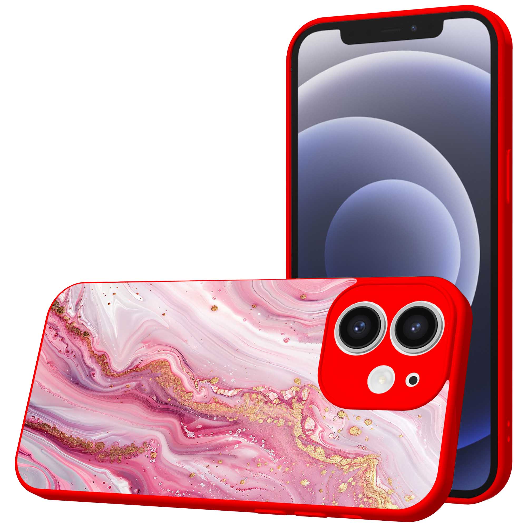 roze marmer opdruk_iPhone 12 Telefoonhoesje met rode rand (1)