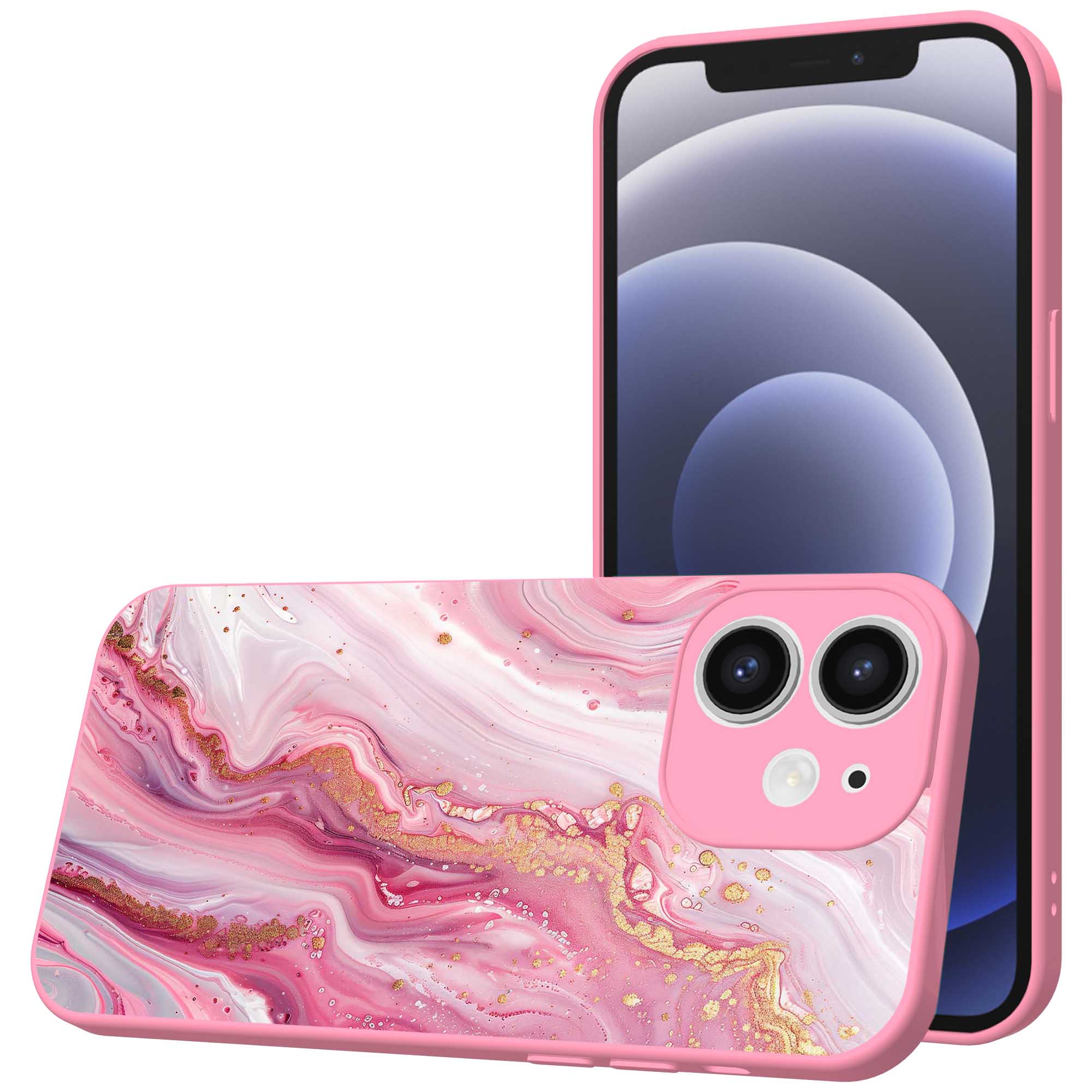 roze marmer opdruk_iPhone 12 Telefoonhoesje met roze rand (1)