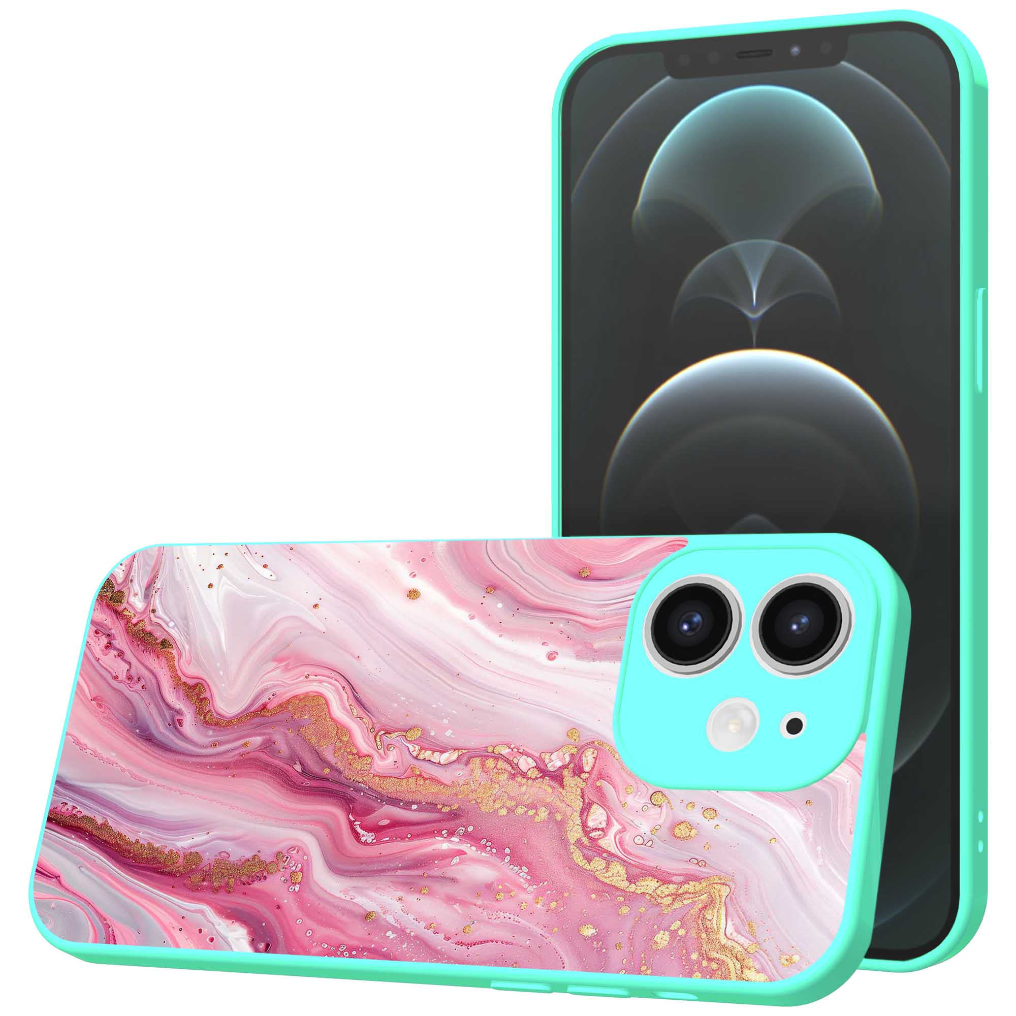 roze marmer opdruk_iPhone 12 Telefoonhoesje met turquoise rand (1)